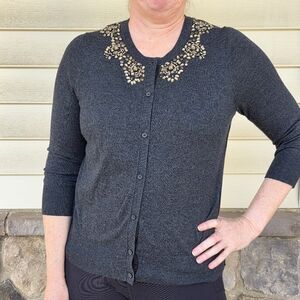 LOFT Ann Taylor Rhinestone Cardigan Wool Sweater, Charcoal With Jeweled Collar L